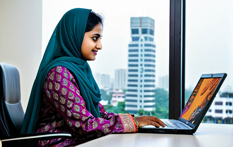 상법상 상업등기 원칙 - **Prompt:** A professional woman in a modest, elegant salwar kameez, working on a laptop in a bright...