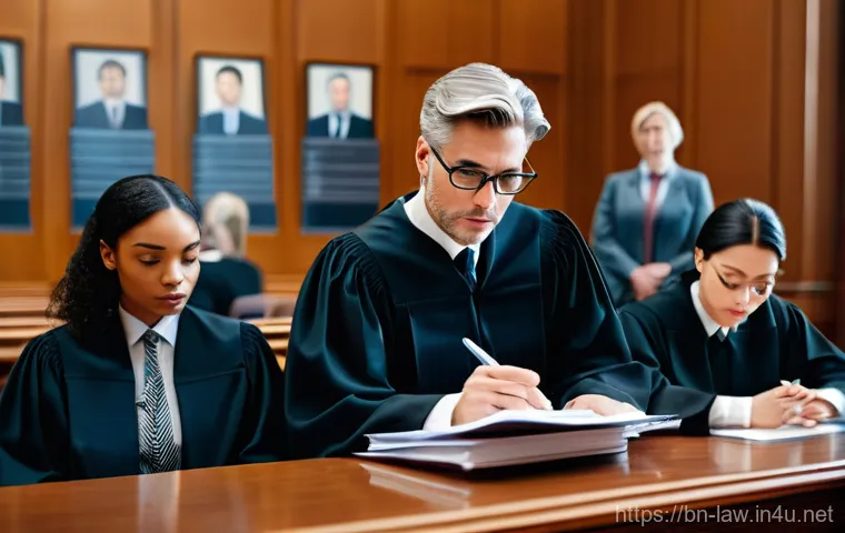 민사소송법상 증거조사 절차 - **Prompt:** A well-lit, modern courtroom scene. In the foreground, a diverse group of legal professi...