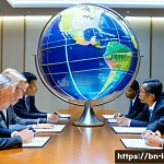 Home 22 국제법상 조약의 법적 효력 - **Prompt:** A diverse group of international delegates from various countries, dressed in respectful...