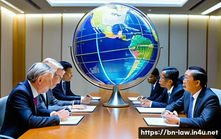 국제법상 조약의 법적 효력 - **Prompt:** A diverse group of international delegates from various countries, dressed in respectful...