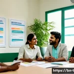Home 21 노동법상 연차유급휴가 제도 - A serene office break room scene showing a diverse group of Bengali employees happily discussing the...