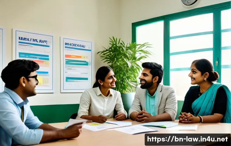 노동법상 연차유급휴가 제도 - A serene office break room scene showing a diverse group of Bengali employees happily discussing the...