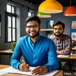 Home 18 지적재산권법상 디자인권과 실용신안권 - A modern startup office scene in Bangladesh, featuring a diverse team of young entrepreneurs collabo...